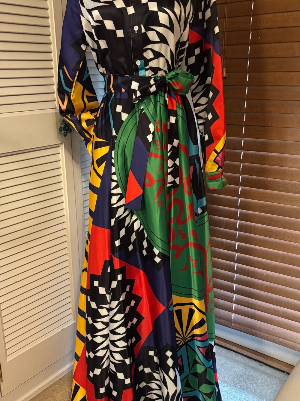 AKIRA Multicolor Geometric Print Maxi Dress with Waist Tie